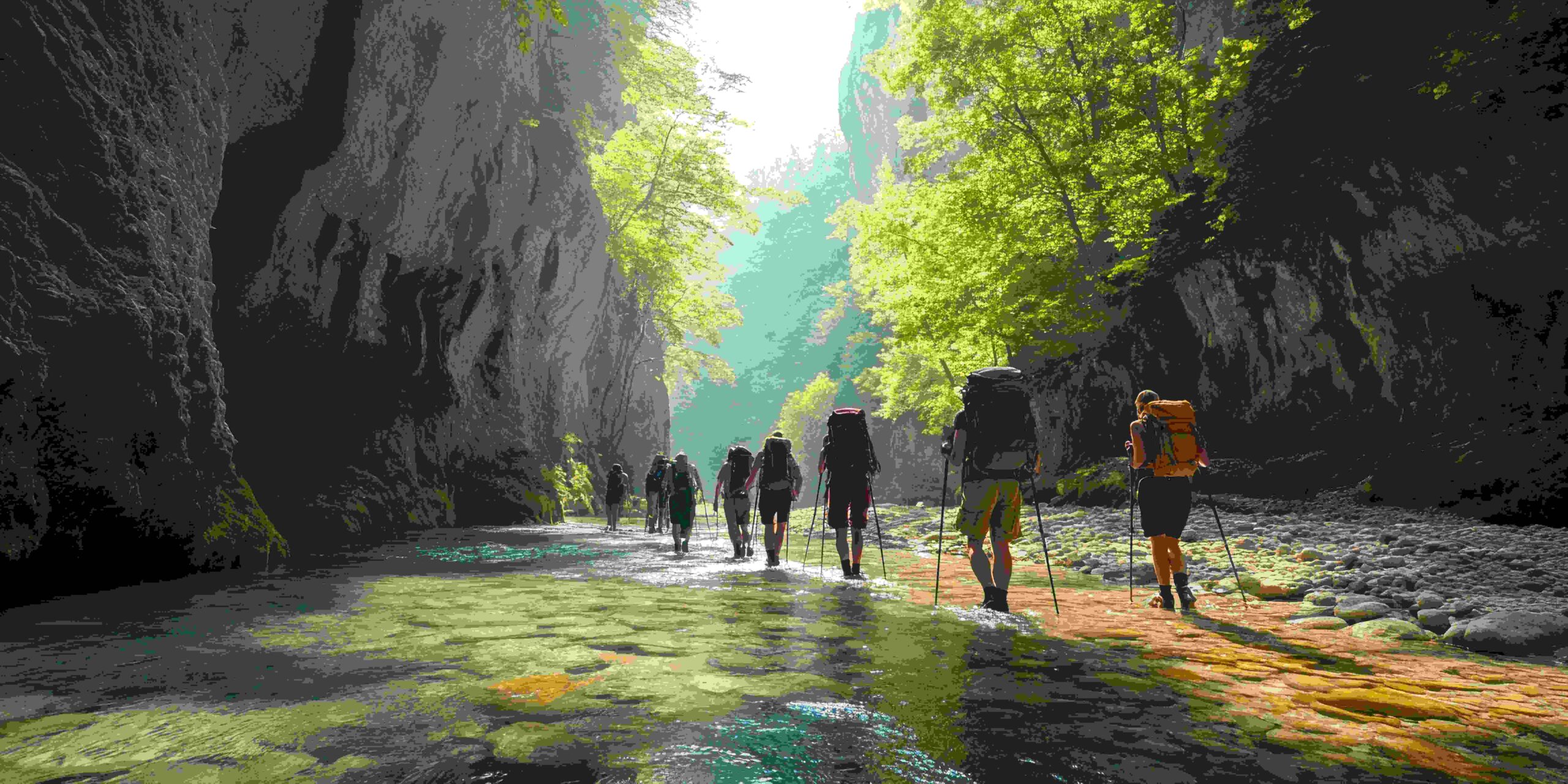 Trekking yapan grup, dağ yollarında ilerliyor, doğal manzara eşliğinde keşfe çıkmışlar.