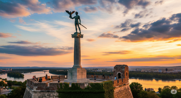 Belgrad'ın simgesi Pobednik (Zafer Anıtı) ve Kalemegdan Kalesi'nden gün batımı manzarası