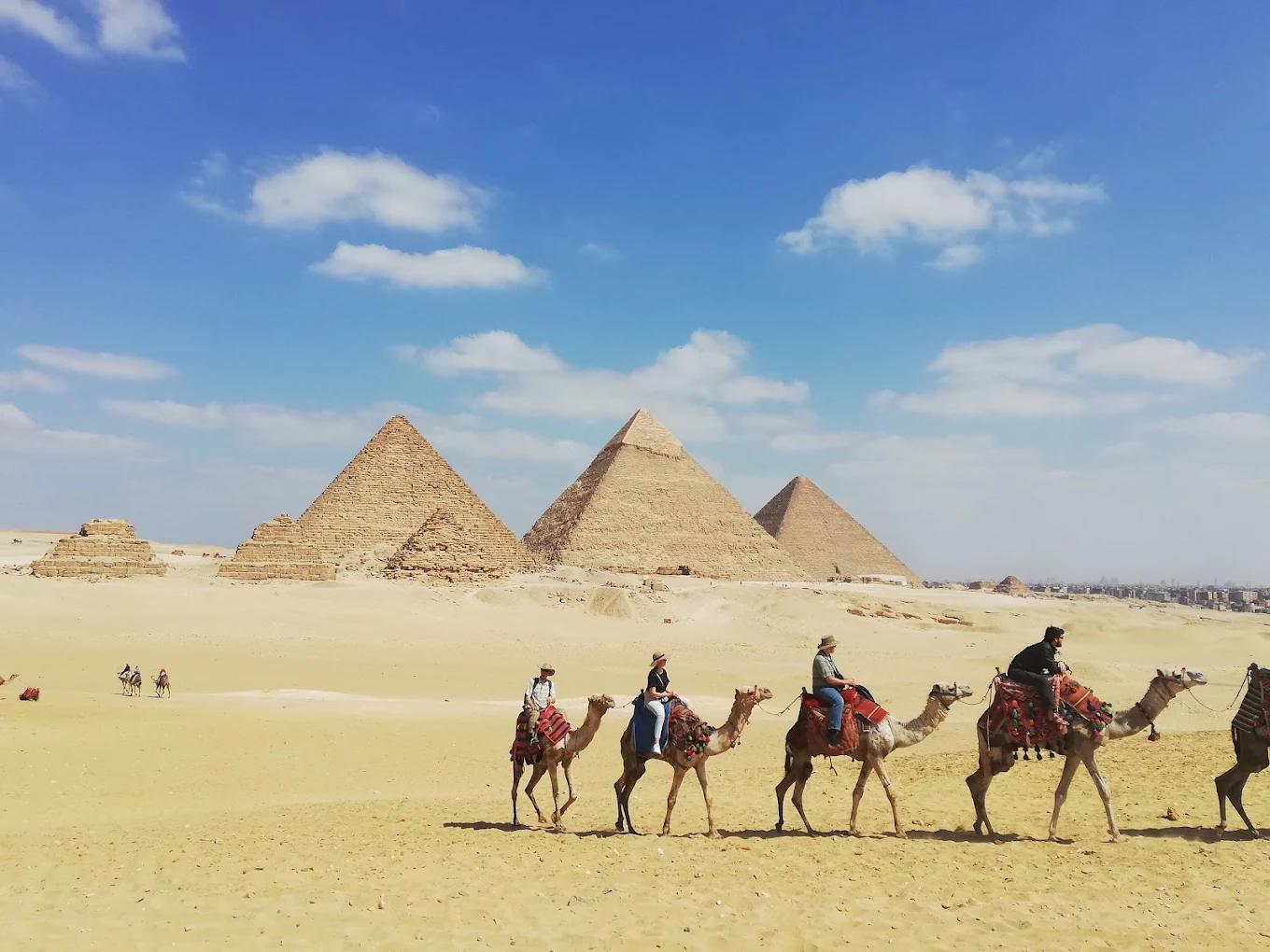 Giza Piramitleri önünde çölde yürüyen deve konvoyu.