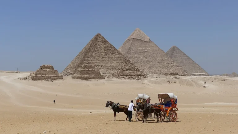 Giza Piramitleri önünde develerle çekilmiş çöl manzarası.